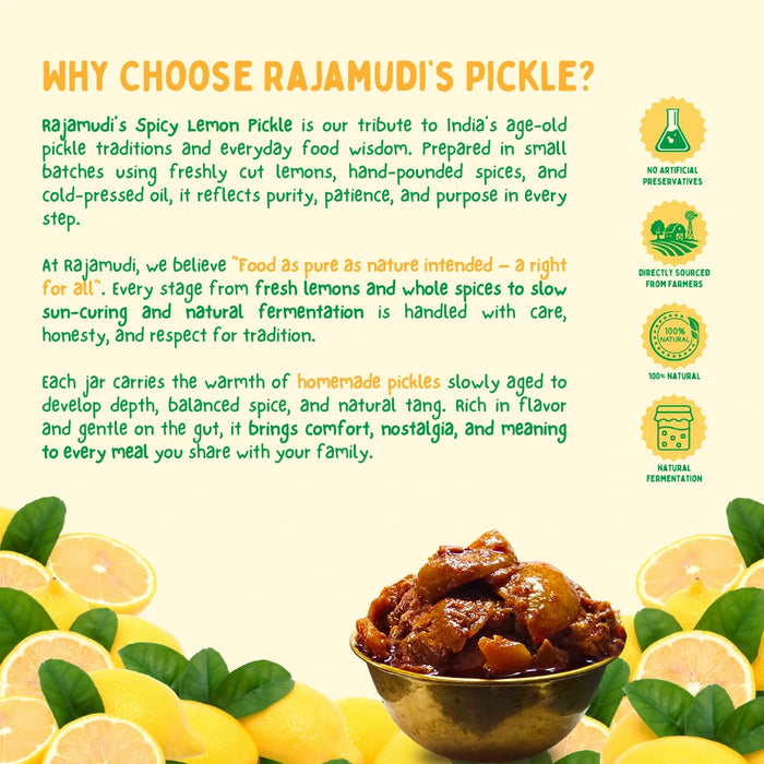 Rajamudi Organics Lemon Pickle 250g | Made with Organic Chilli & Turmeric | Traditional Taste | Rajamudi Organics