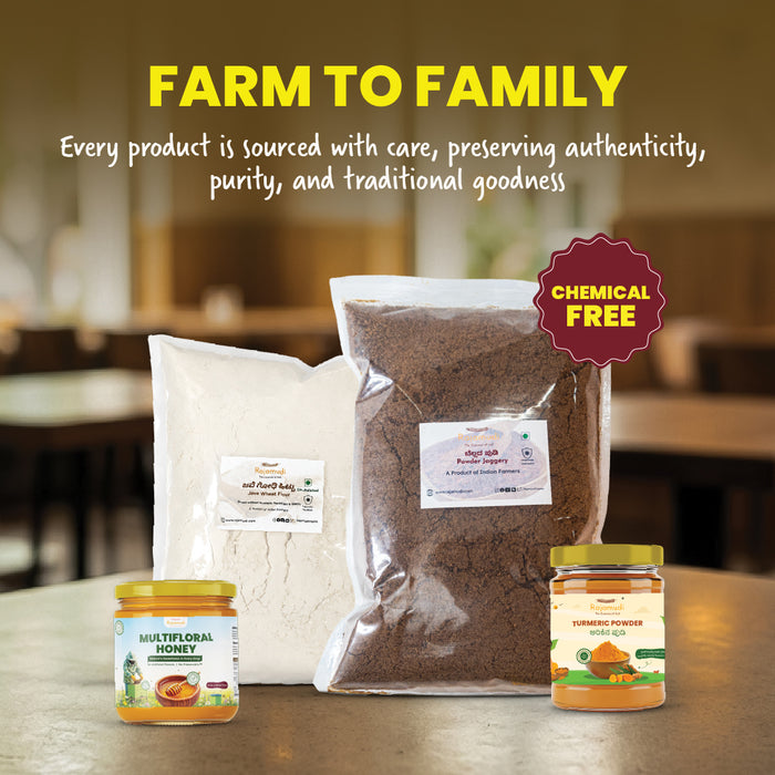 Rajamudi Organic Golden Goodness Combo - Jaggery Powder (1kg) + Java Wheat Flour (1kg) + Raw Honey (100ml) + Turmeric Powder (100g) | 100% Pure & Certified