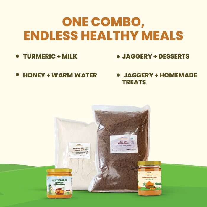 Rajamudi Organic Golden Goodness Combo - Jaggery Powder (1kg) + Java Wheat Flour (1kg) + Raw Honey (100ml) + Turmeric Powder (100g) | 100% Pure & Certified