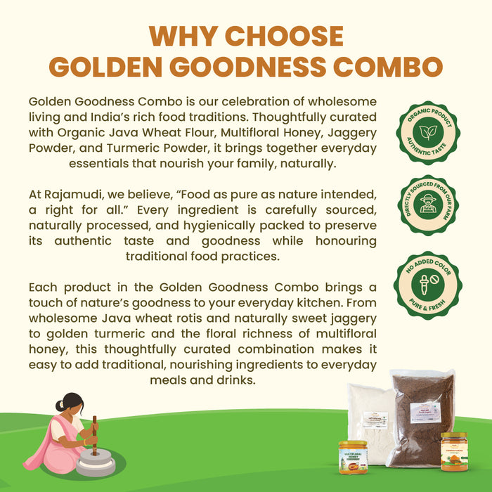 Rajamudi Organic Golden Goodness Combo - Jaggery Powder (1kg) + Java Wheat Flour (1kg) + Raw Honey (100ml) + Turmeric Powder (100g) | 100% Pure & Certified