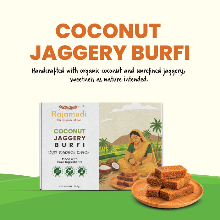 Jaggery Coconut Burfi – Sugar-Free South Indian Dessert | 150g | Rajamudi Organics