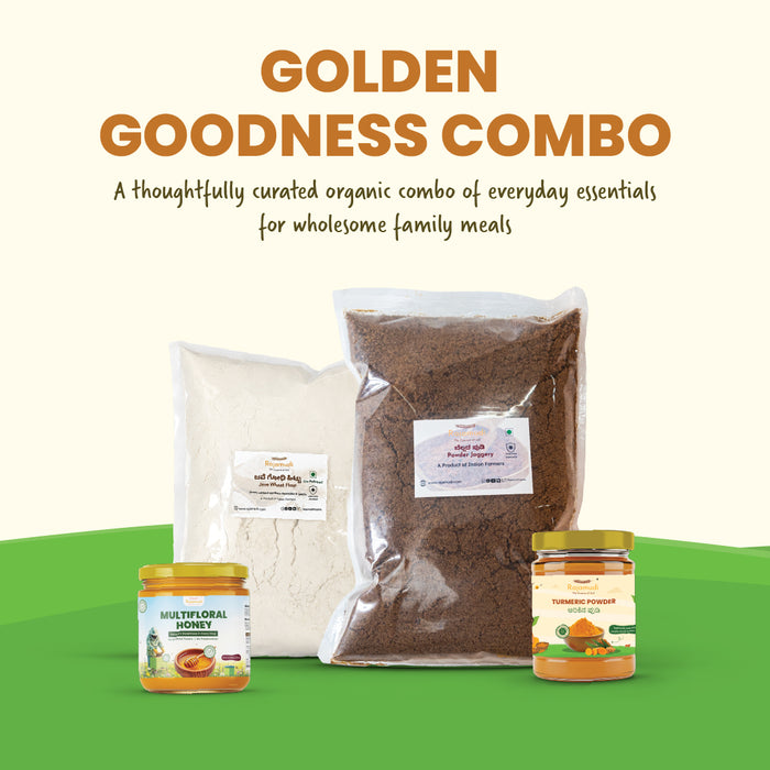 Rajamudi Organic Golden Goodness Combo - Jaggery Powder (1kg) + Java Wheat Flour (1kg) + Raw Honey (100ml) + Turmeric Powder (100g) | 100% Pure & Certified